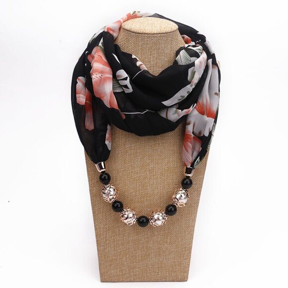 2/$30 Black Floral Beaded Neck Scarf Chiffon Gold Pendant Jewelry Women Gifts - Picture 5 of 6